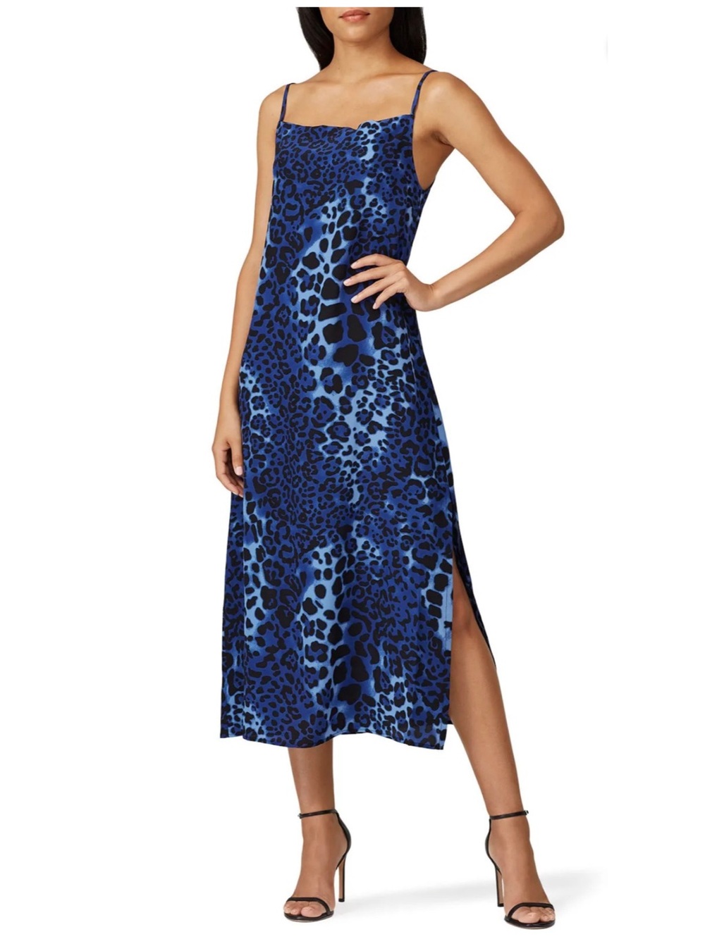 Nightcap Clothing 100% Silk Blue Black Leopard Midi Slip Dress Spaghetti Strap M